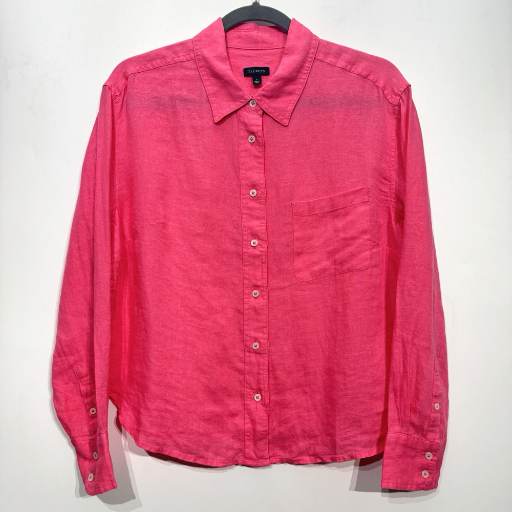 Talbots 100% Linen Relaxed Button Up Shirt Sz S Bright Pink Coastal Beachy